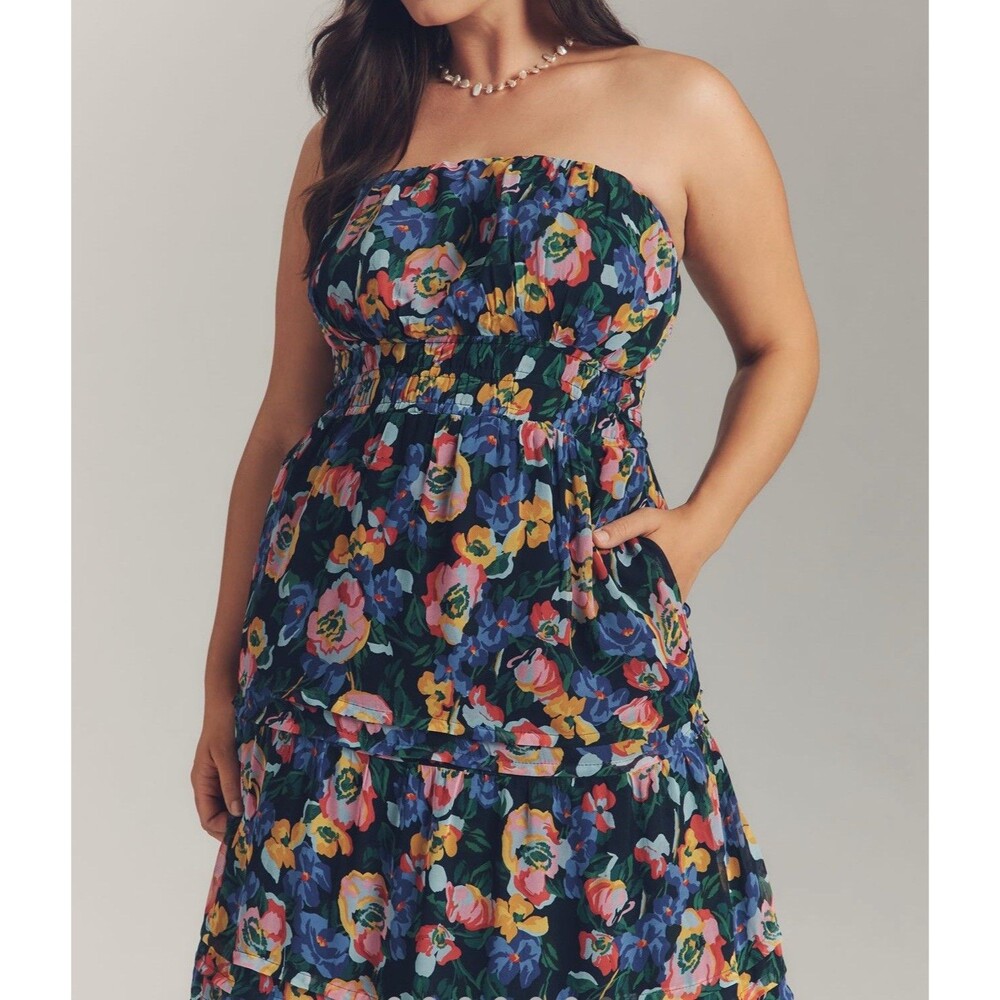 Anthropologie Maxi Dress Blue Floral Somerset Strapless Preppy Vacay Large NWT - Picture 3 of 12